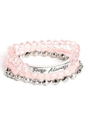 paparazzi Pink Beaded Stretch Bracelet Set with Silver 'Pray Always' Plate